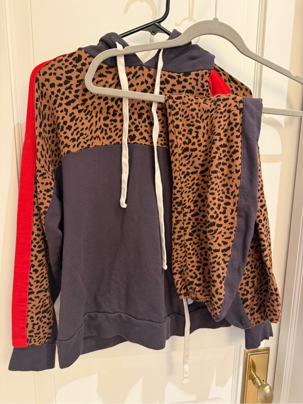 Monrow Leopard Print and Navy Hoodie with Red Stripe and matching pants